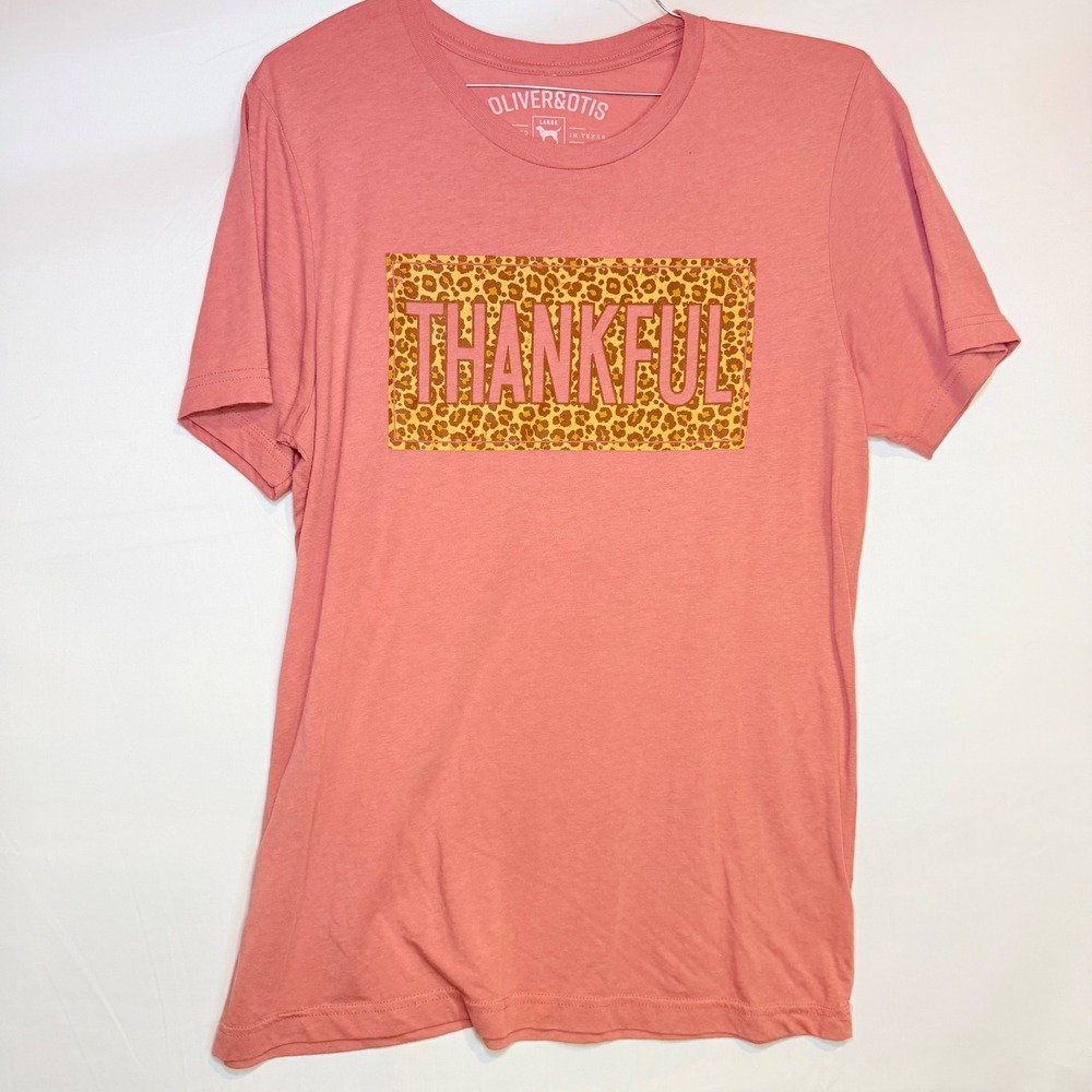Oliver & Otis Womens Thankful Leopard Graphic T-Shirt Coral Pink Large